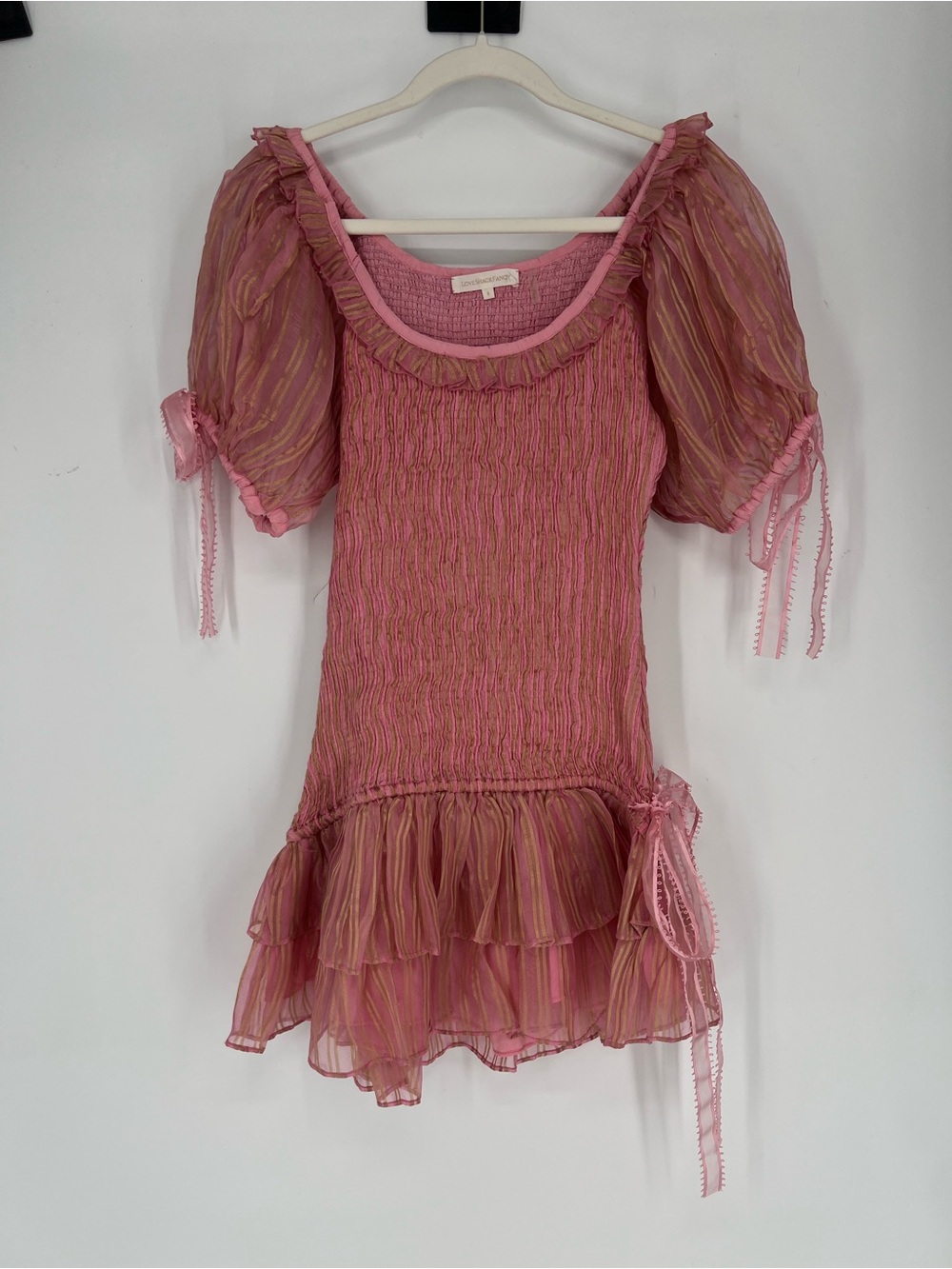LoveShackFancy Violet Pink Silk Coquette Smocked Bow Puff Sleeve Mini Dress S - Picture 3 of 13